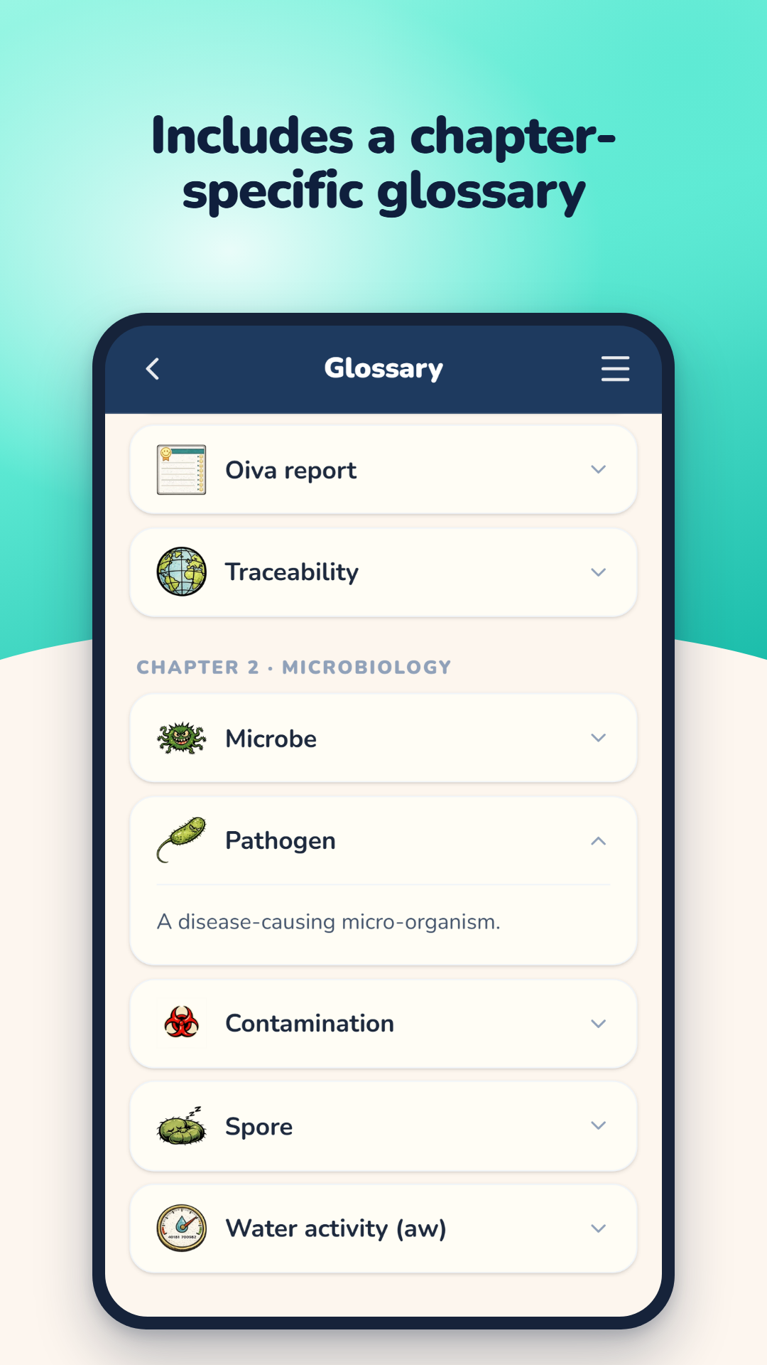 Glossary: chapter-specific terms such as pathogen and water activity, with definitions.