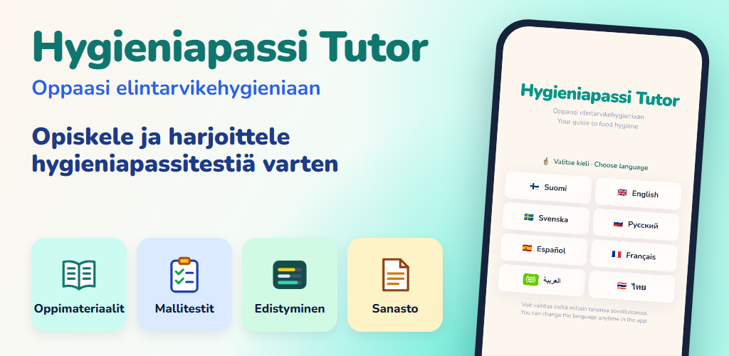 Hygieniapassi Tutor – oppaasi elintarvikehygieniaan: opiskele ja harjoittele hygieniapassitestiä varten. Oppimateriaalit, mallitestit, edistyminen ja sanasto.